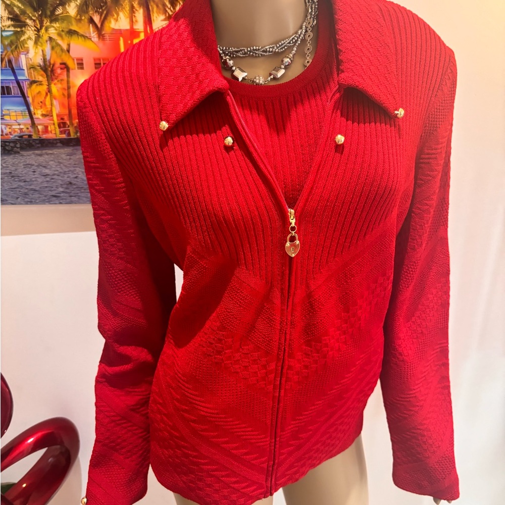 St. John bright Red Zip Jacket Gold buttons Large 14 twinset blazer